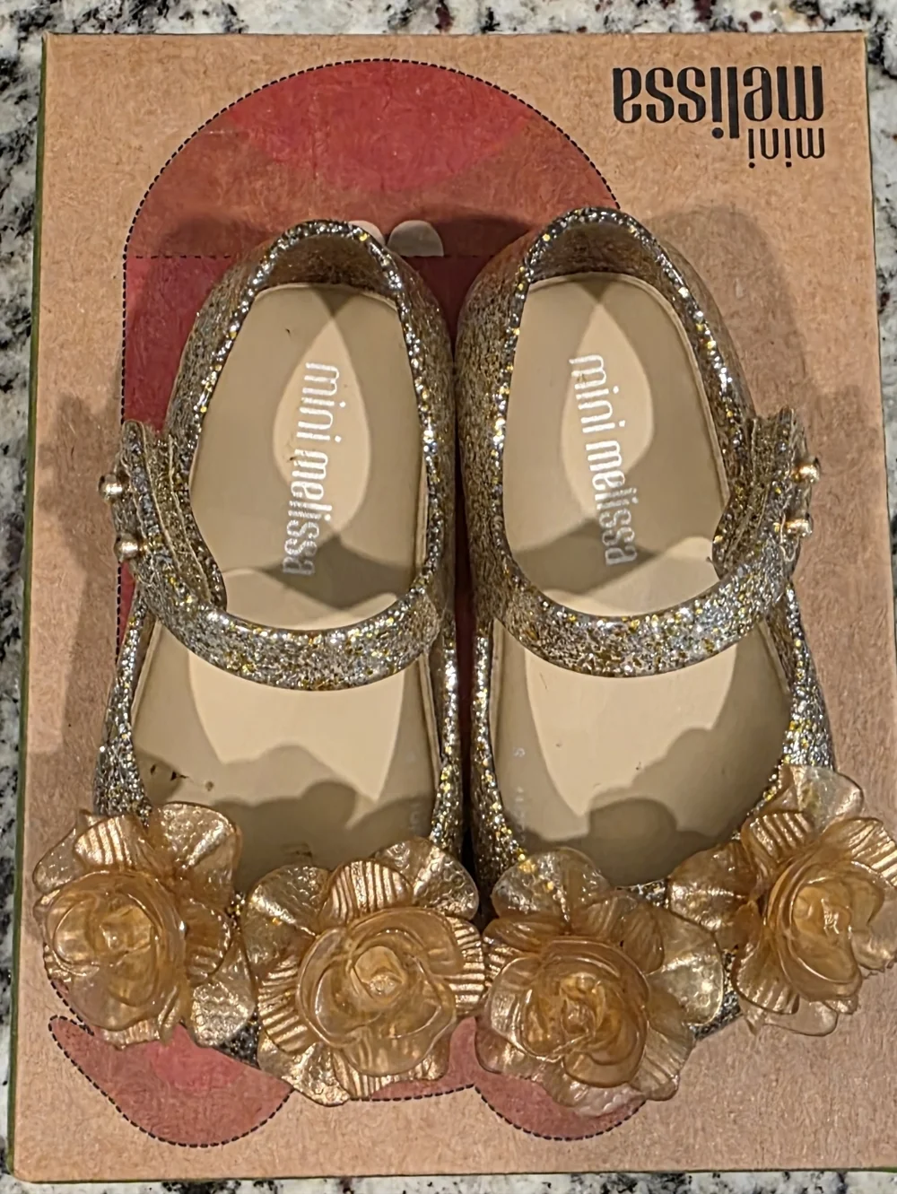 Mini Melissa Girls' Clear Glitter Gold Mary Jane with Flowers - Size 5 - NWT/B